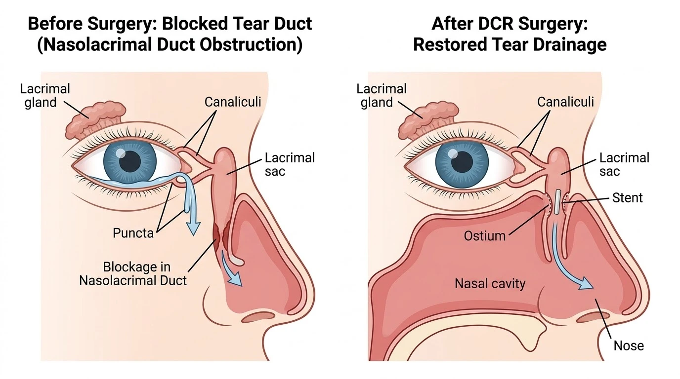 diagram showing blocked tear duct and tear drainage surgery
