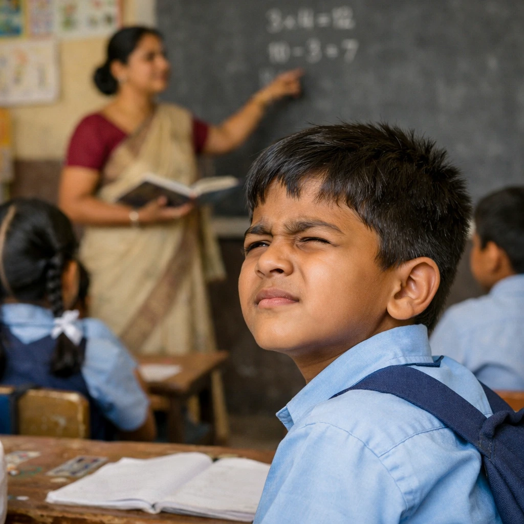 child squinting to see classroom board indicating possible myopia
