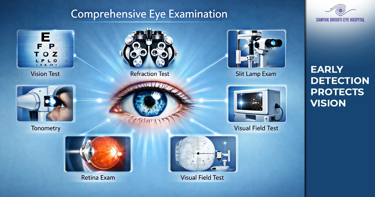 comprehensive eye examination infographic showing vision test refraction slit lamp tonometry retina examination and visual field test