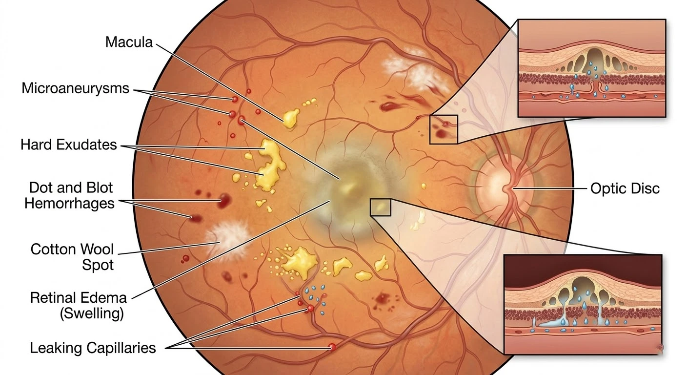 retina showing damaged blood vessels in diabetic retinopathy