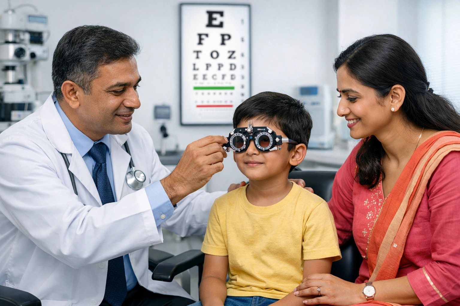 paediatric eye doctor examining child for myopia control in Bangalore eye hospital