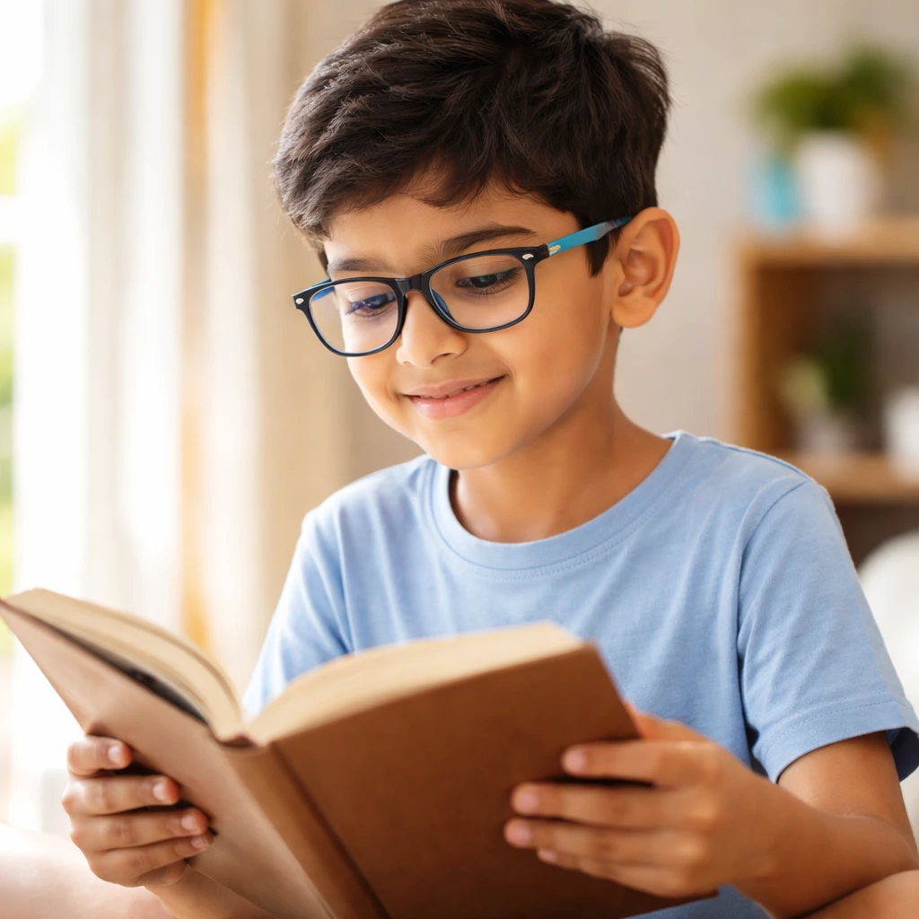 child wearing myopia control glasses for vision correction