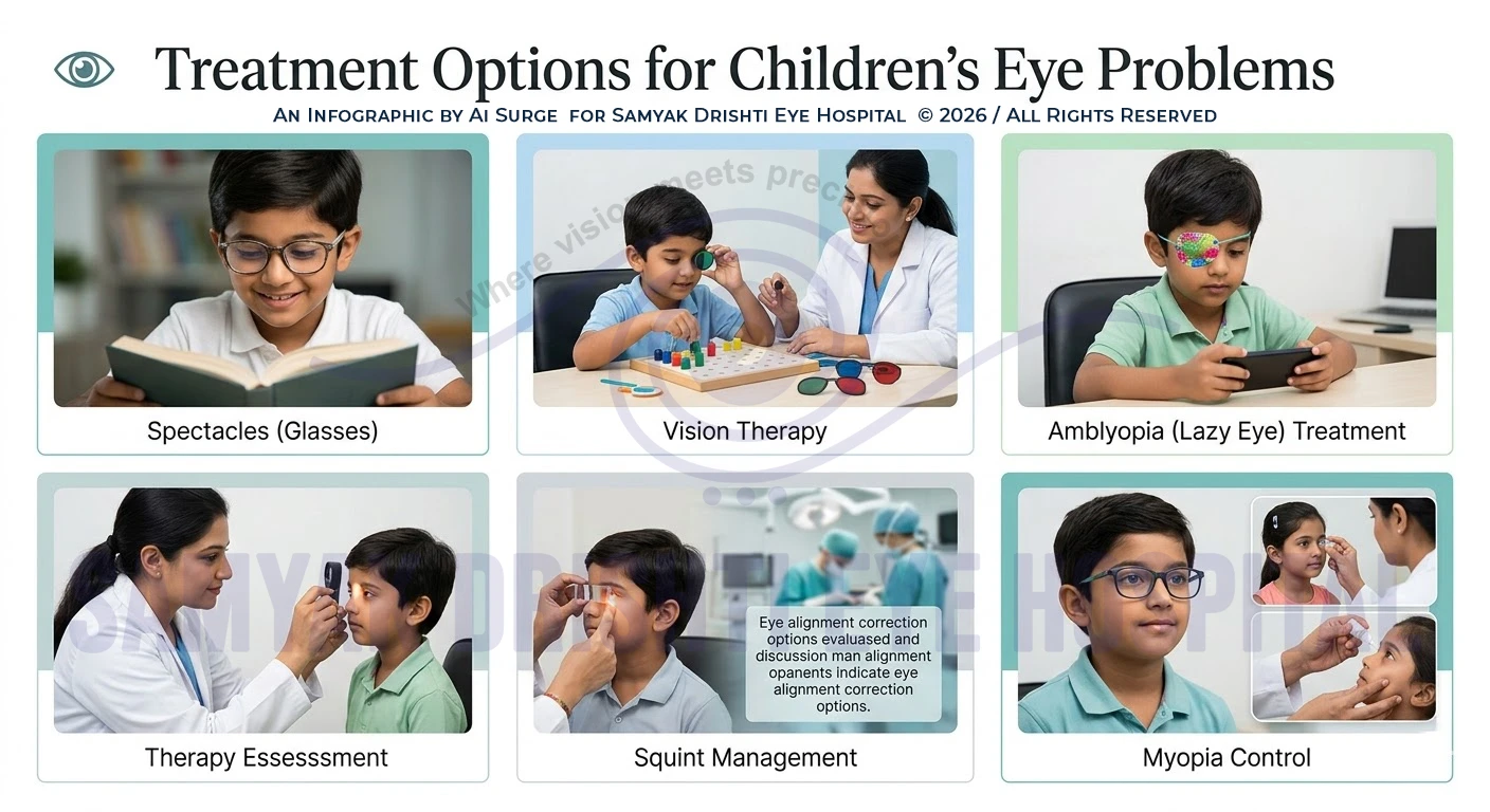 infographic showing spectacles vision therapy amblyopia patch squint treatment and myopia control in children