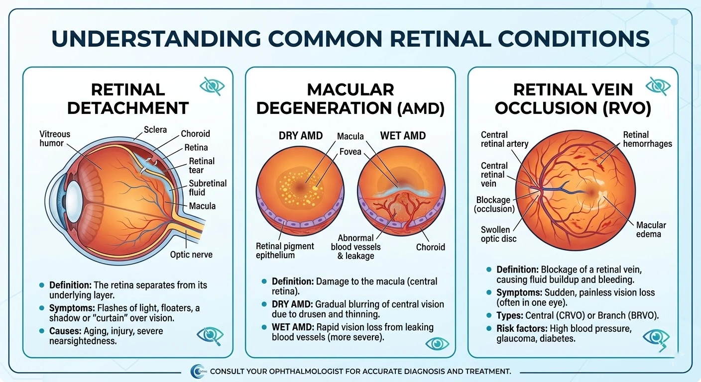 infographic showing retinal detachment macular degeneration and retinal vein occlusion