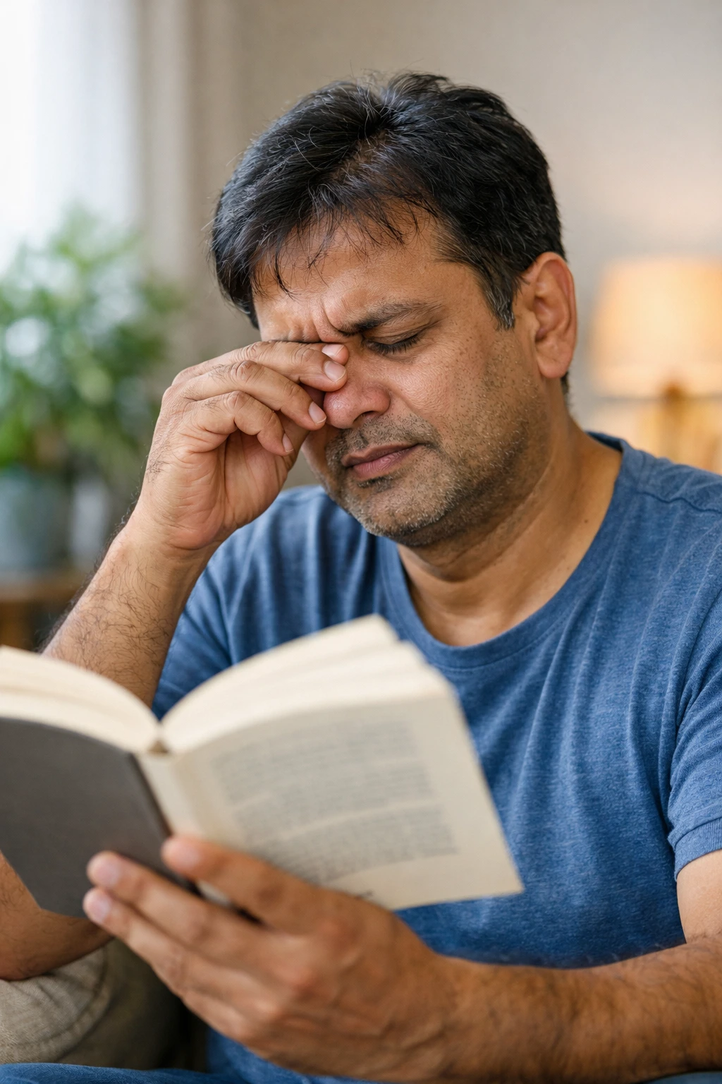 person experiencing blurred vision and eye strain symptoms