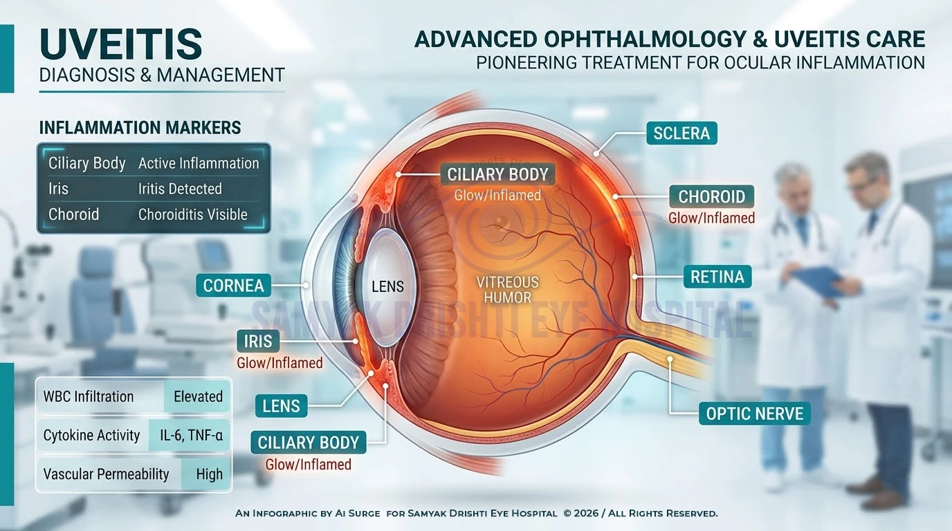 medical illustration showing uvea inflammation and uveitis in the human eye