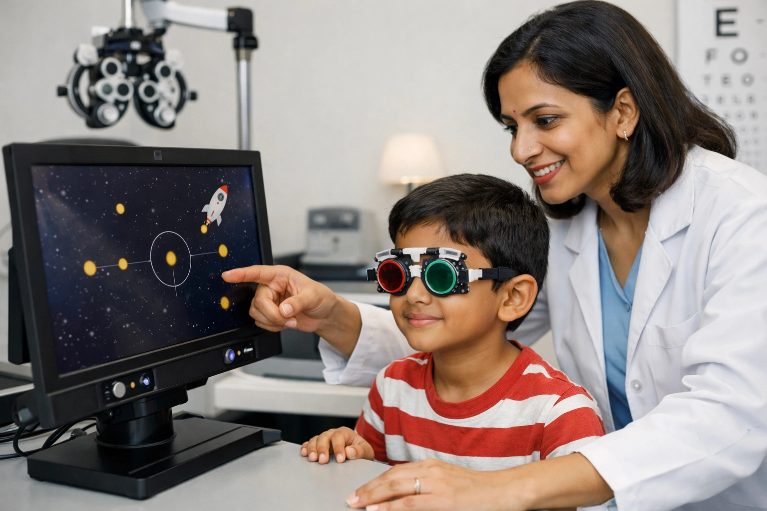 child performing vision therapy exercises in clinic