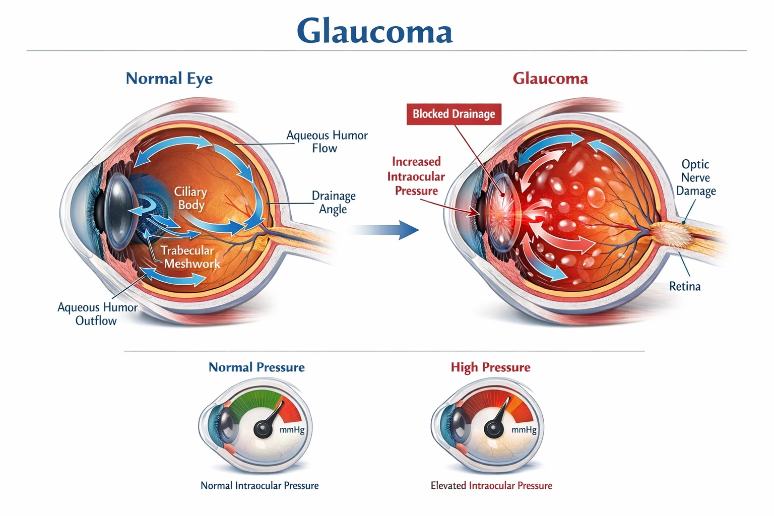 diagram showing increased eye pressure causing optic nerve damage in glaucoma